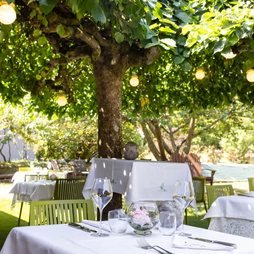 Table dressée en extérieur sous un arbre avec des feuilles vertes, des verres à vin, des couverts et une composition florale