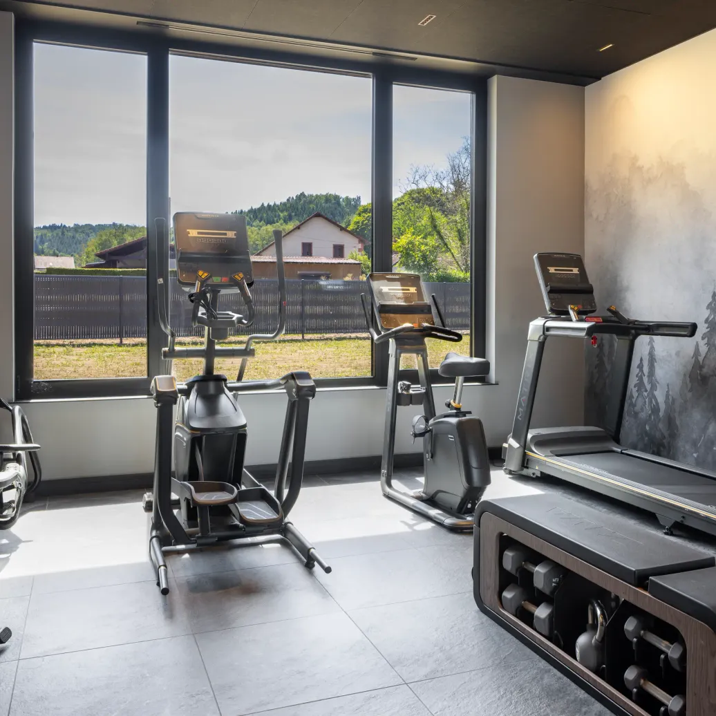 Salle de sport avec plusieurs appareils de fitness devant de grandes fenêtres donnant sur un paysage extérieur