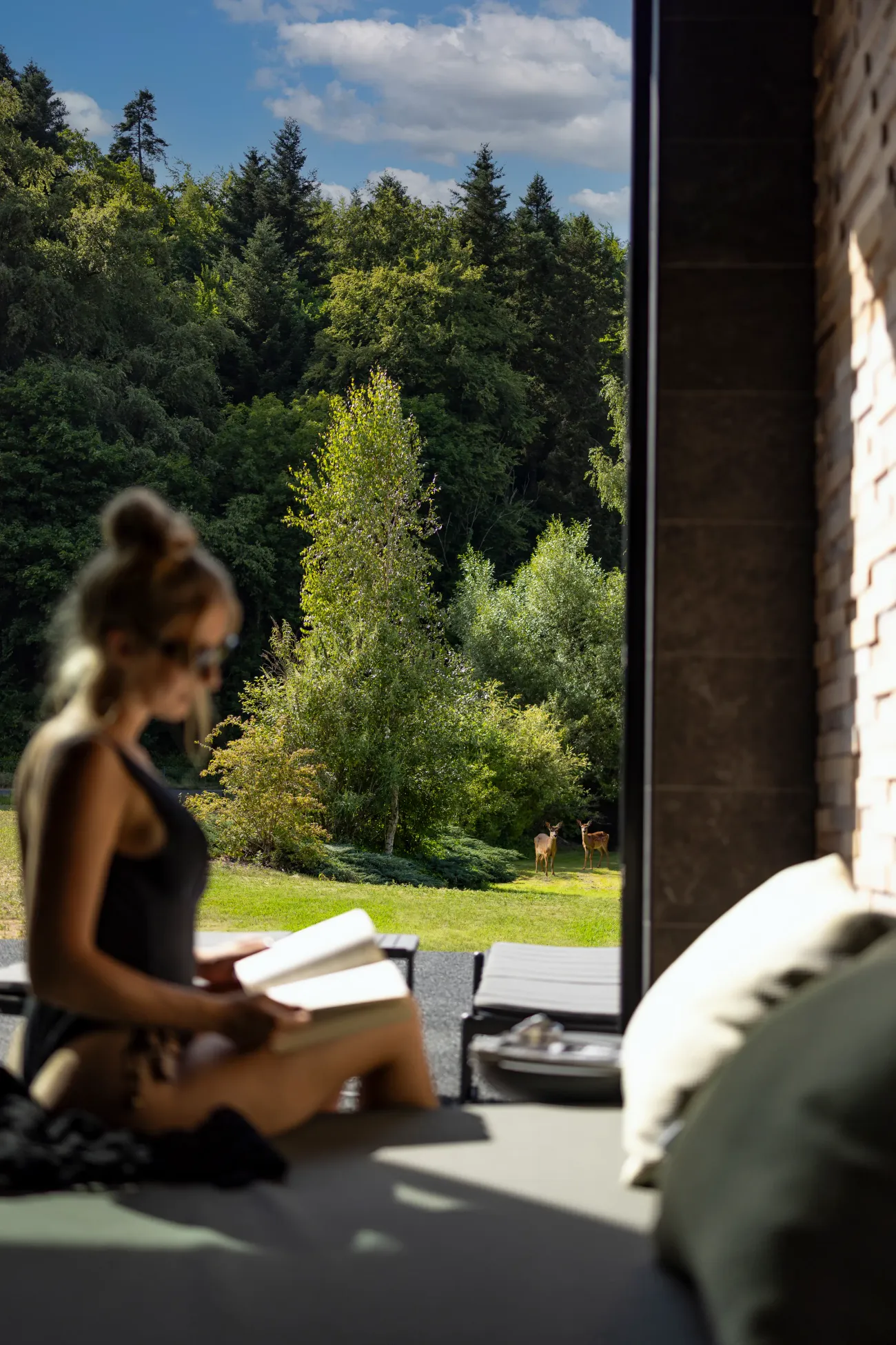 Une personne lit un livre à l'intérieur, avec une vue sur deux cerfs dans un jardin arboré