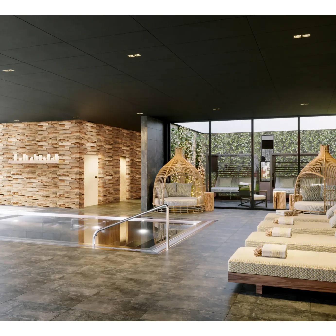 Salle de spa avec piscine, chaises longues et canapés, entourée de grandes baies vitrées et d'un mur en pierre