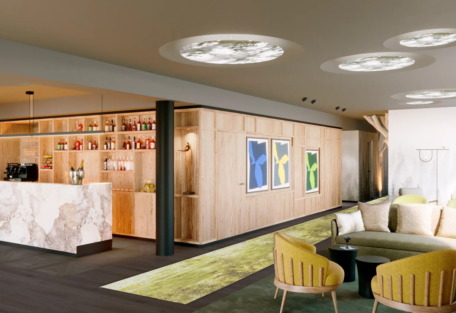 Un espace intérieur avec un bar, des étagères remplies de bouteilles, des canapés et des chaises dans un salon, et des œuvres d'art colorées sur les murs en bois