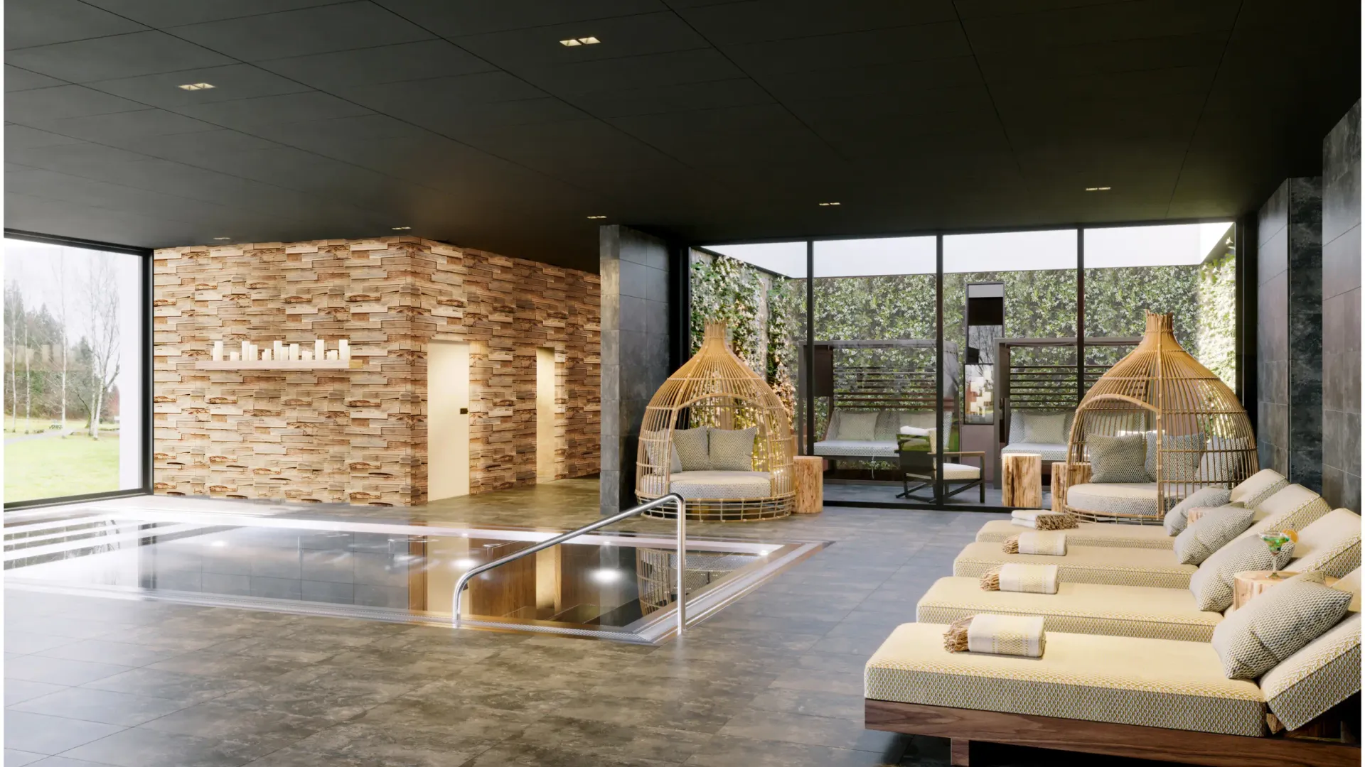 Salle de spa avec piscine, chaises longues et canapés, entourée de grandes baies vitrées et d'un mur en pierre