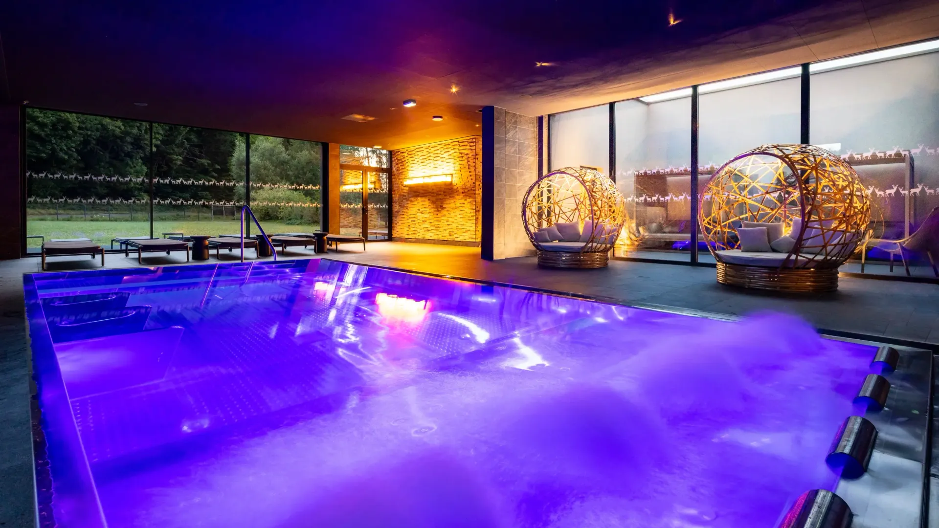 Indoor pool lit in purple with sun loungers and spherical wicker armchairs illuminated nearby, surrounded by large glass windows overlooking a garden