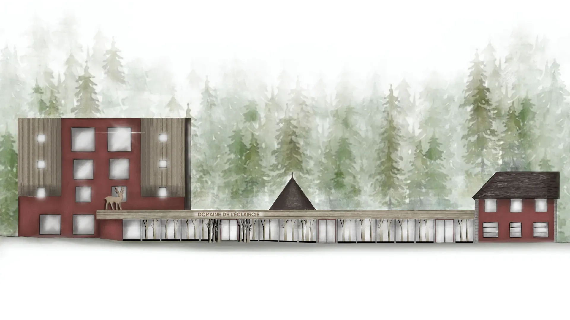 Un bâtiment rouge avec des fenêtres et une statue de cerf, entouré d'arbres, portant l'inscription "Domaine de l'Éclaircie"