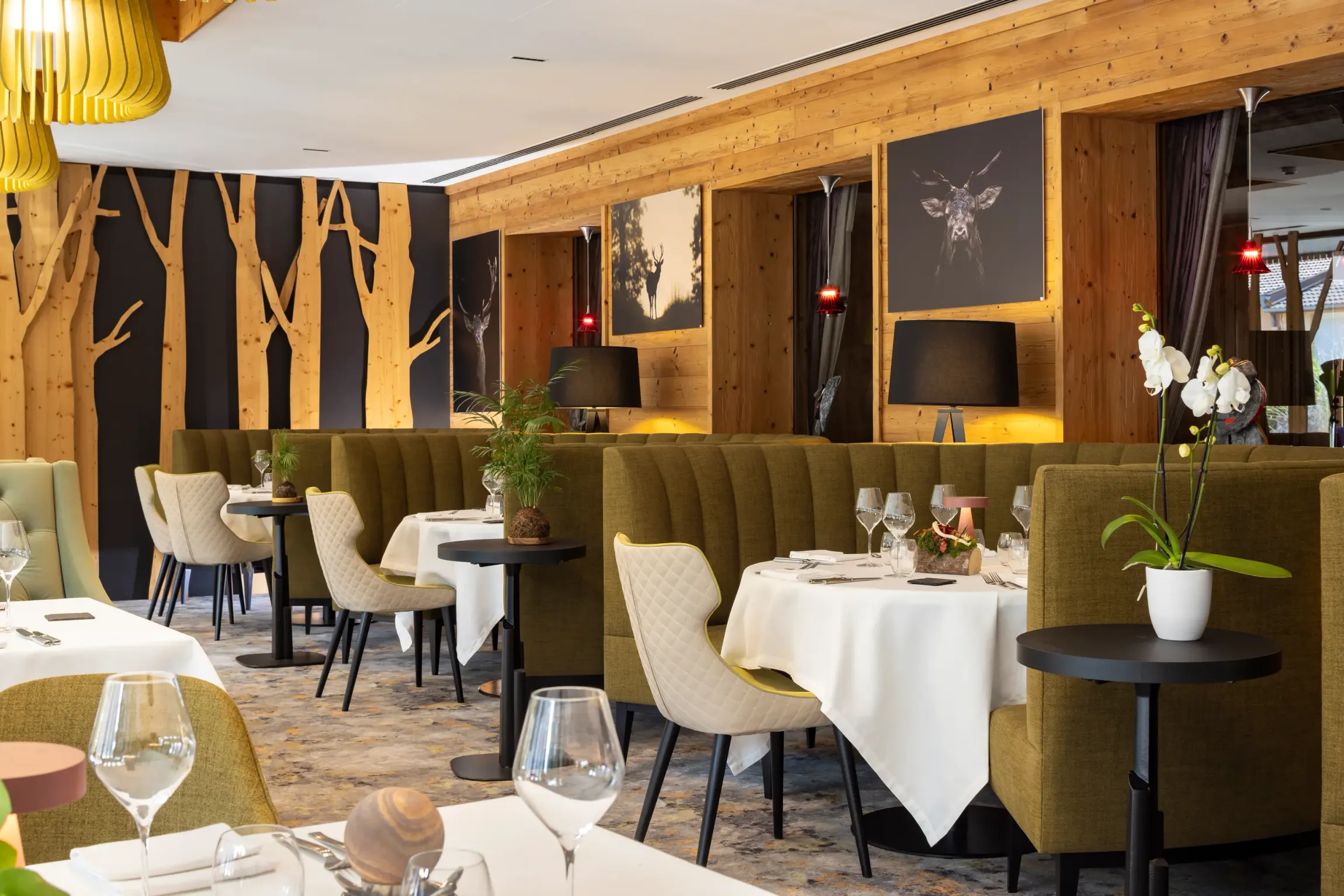 Restaurant élégant avec des tables dressées, des banquettes vertes et des murs en bois décorés de photos d'animaux
