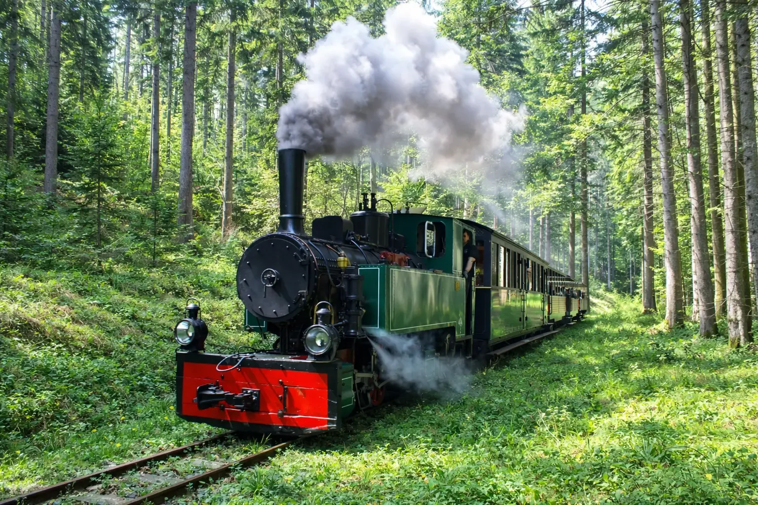 Locomotive à vapeur émettant de la fumée, avec des réservoirs et des tuyaux visibles, dans un environnement boisé