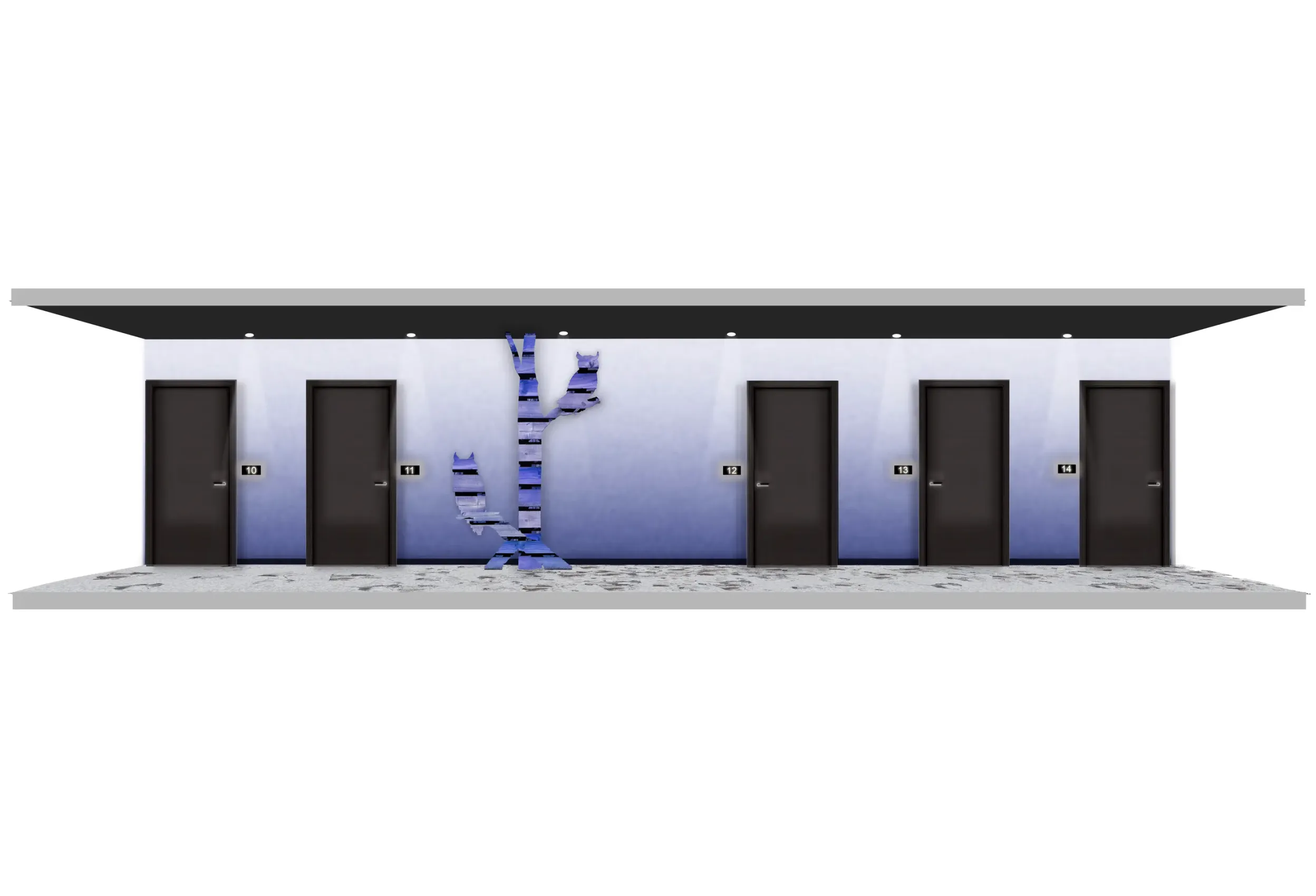 Cinq portes numérotées de 10 à 14 avec une structure en forme de spirale sur le mur central