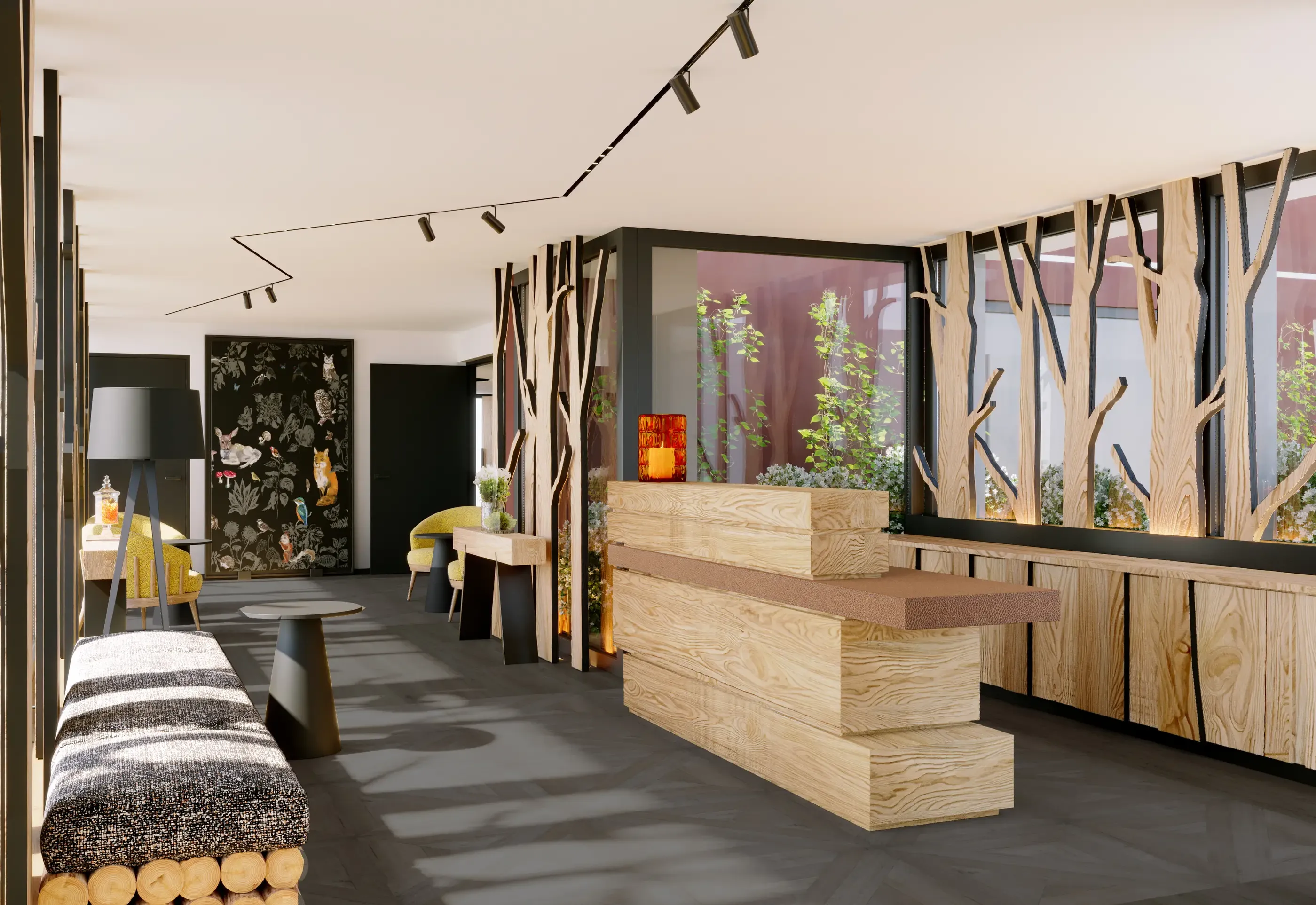 Un espace intérieur moderne avec des éléments en bois, des plantes vertes, des meubles et des murs décorés de motifs floraux