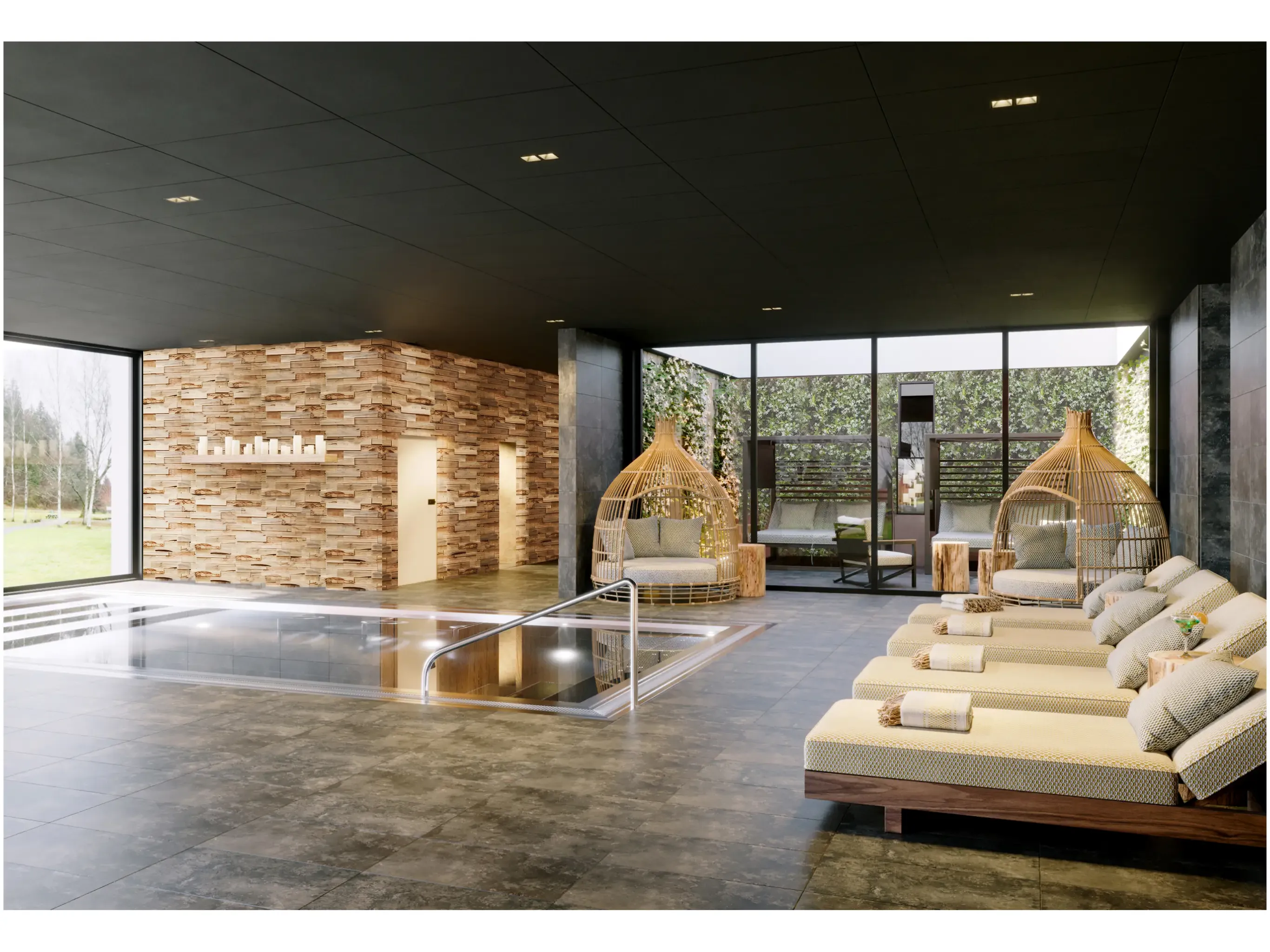 Salle de spa avec piscine, chaises longues et canapés, entourée de grandes baies vitrées et d'un mur en pierre