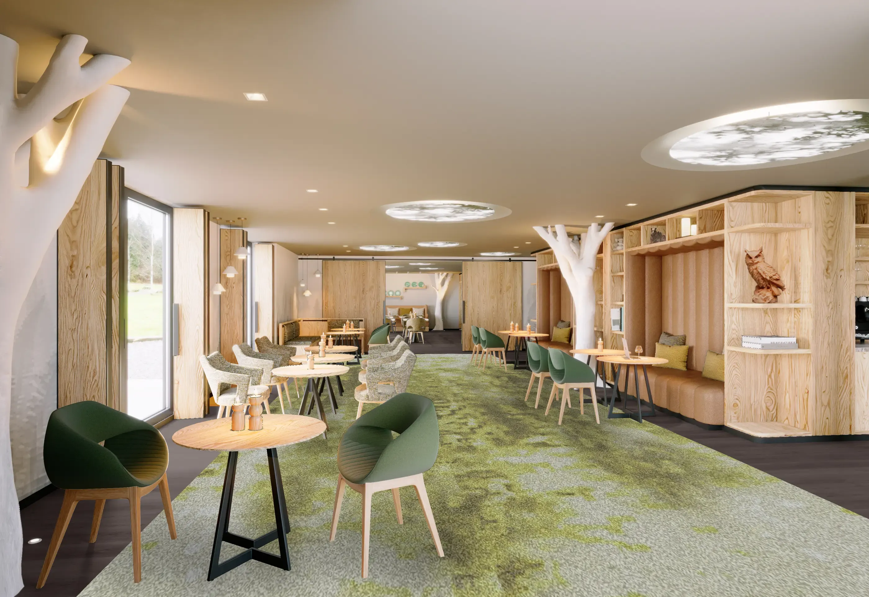 Un espace intérieur moderne avec des tables, des chaises et des canapés disposés sur une moquette verte, entouré de murs en bois et éclairé par des plafonniers circulaires