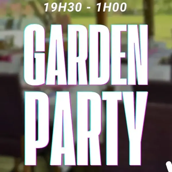 Affiche pour une garden party avec des tables et des chaises en extérieur, indiquant des horaires de 19h30 à 1h00